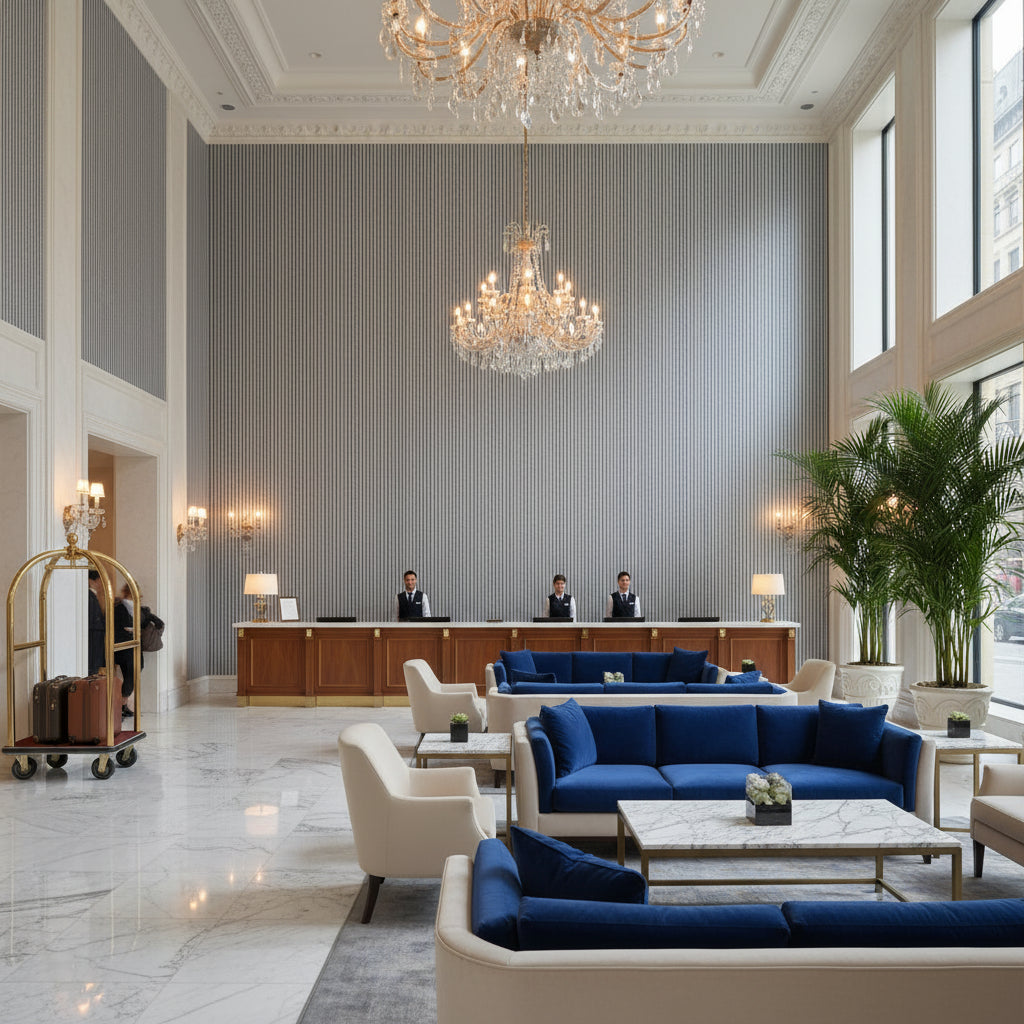 8017103.50.0 | Kravet - Hotel Lobby Visualization (AI-generated, may not be to scale. Verify pattern scale with product specifications.)