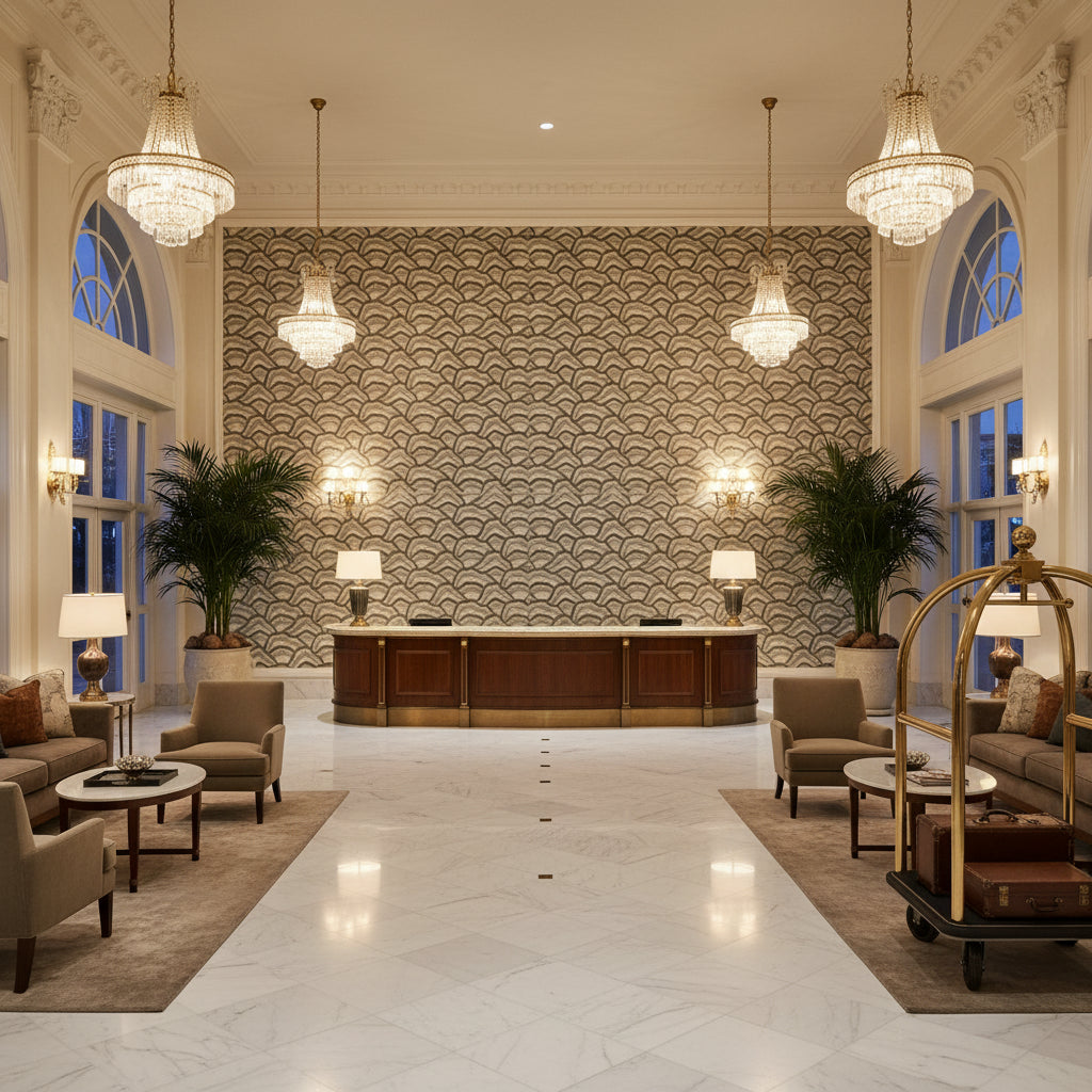 8017127.1121.0 | Kravet - Hotel Lobby Visualization (AI-generated, may not be to scale. Verify pattern scale with product specifications.)