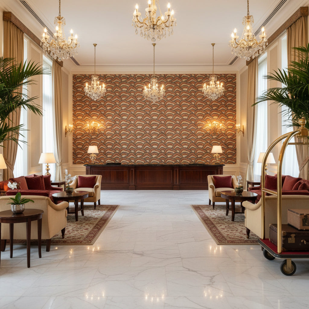 8017127.2411.0 | Kravet - Hotel Lobby Visualization (AI-generated, may not be to scale. Verify pattern scale with product specifications.)