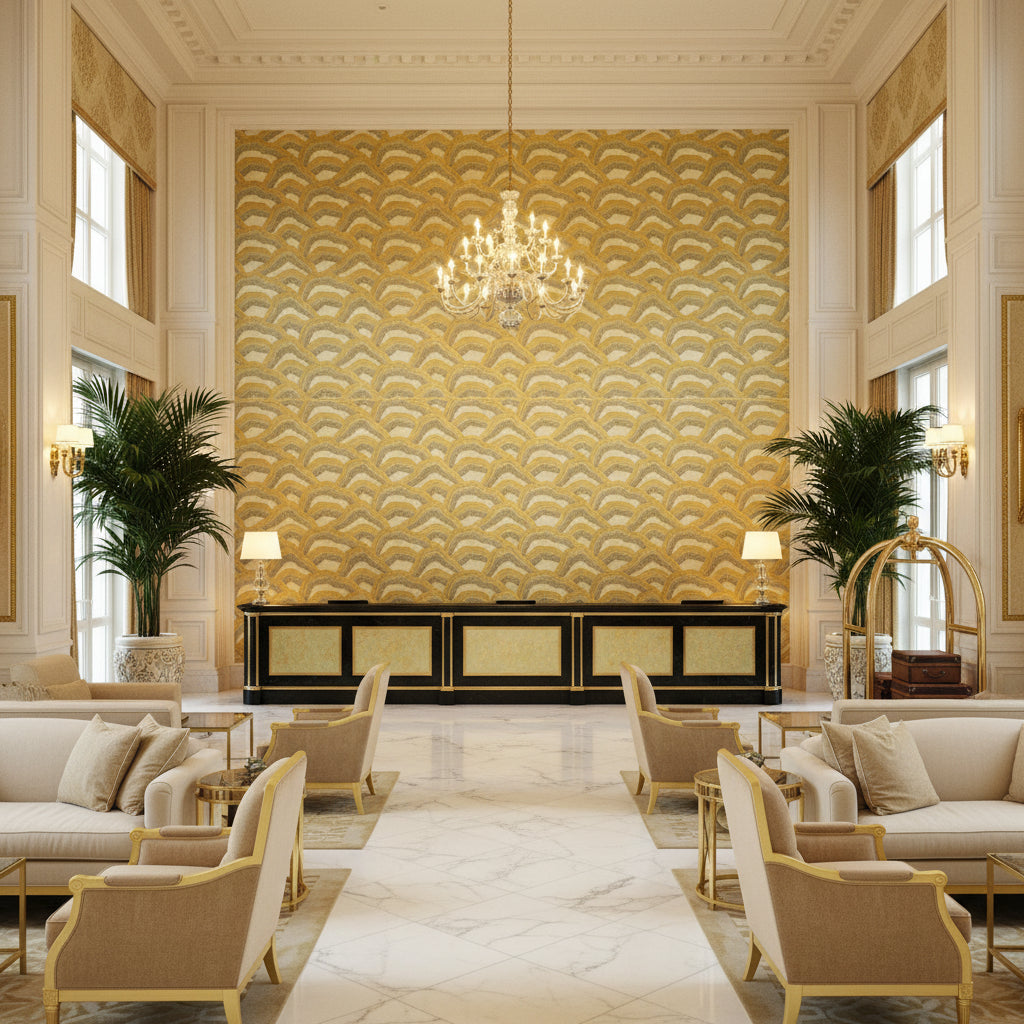 8017127.340.0 | Kravet - Hotel Lobby Visualization (AI-generated, may not be to scale. Verify pattern scale with product specifications.)