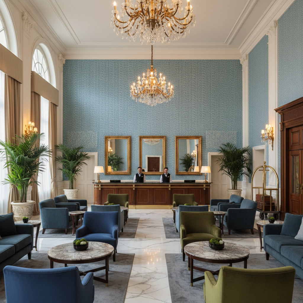 8017140.5.0 | Kravet - Hotel Lobby Visualization (AI-generated, may not be to scale. Verify pattern scale with product specifications.)