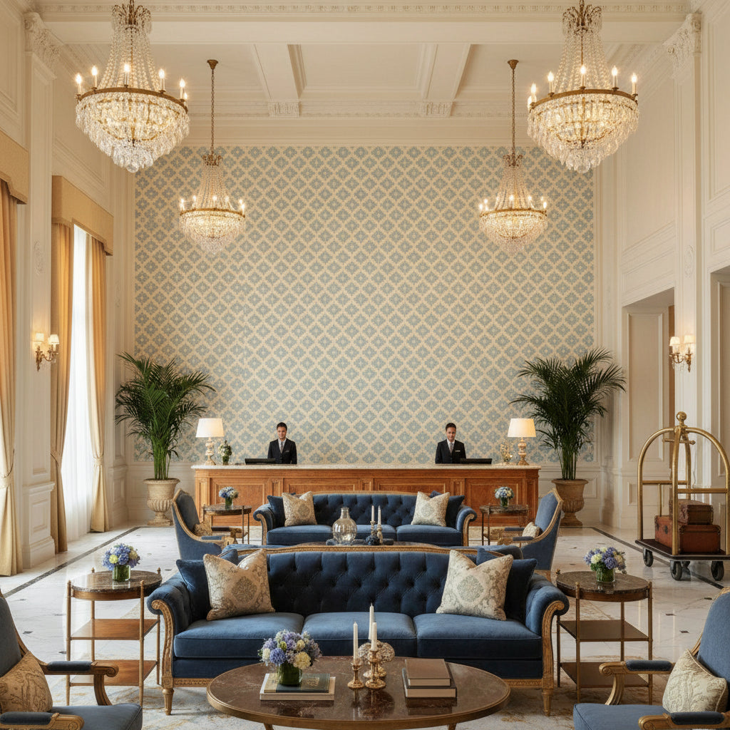 8017142.15.0 | Kravet - Hotel Lobby Visualization (AI-generated, may not be to scale. Verify pattern scale with product specifications.)