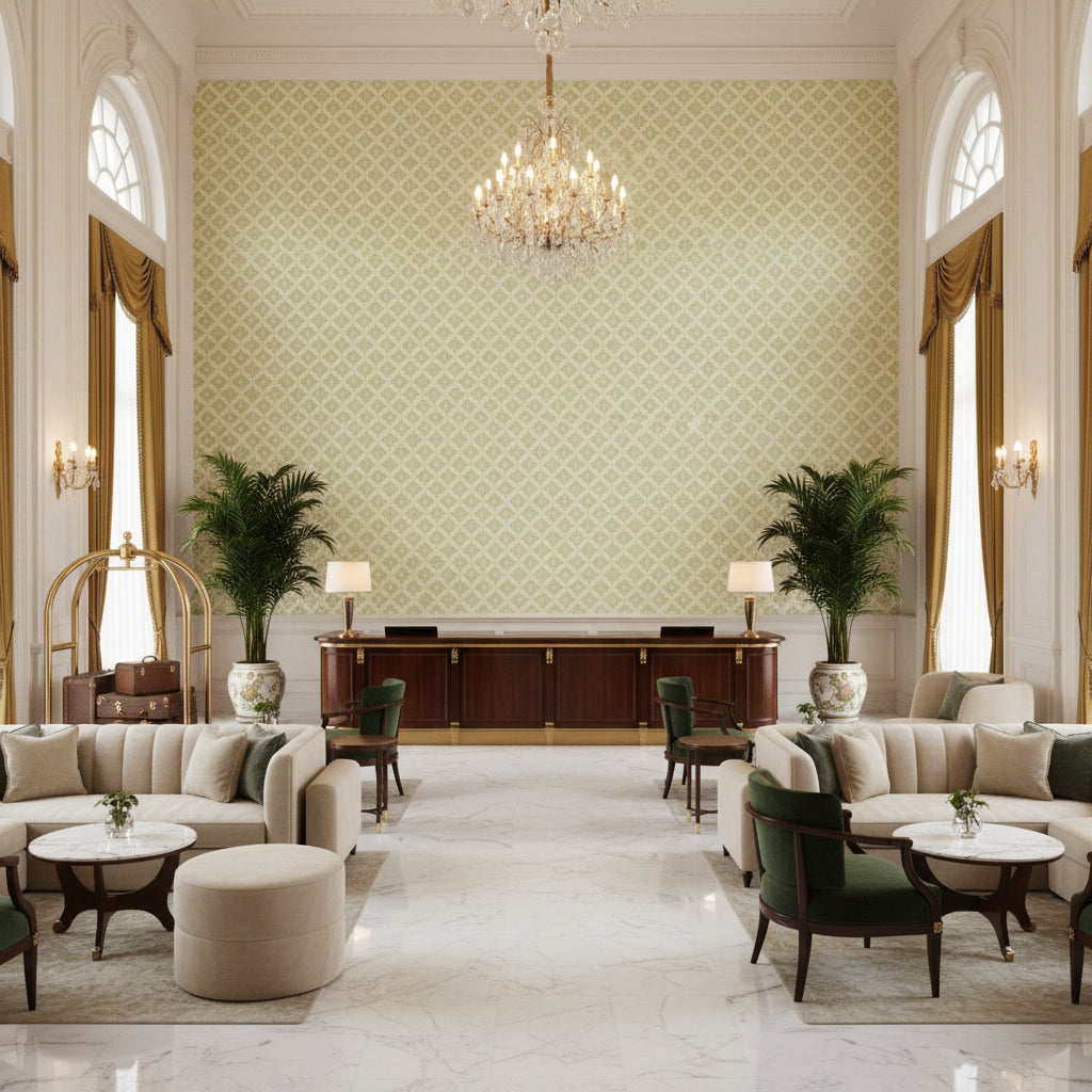 8017142.3.0 | Kravet - Hotel Lobby Visualization (AI-generated, may not be to scale. Verify pattern scale with product specifications.)