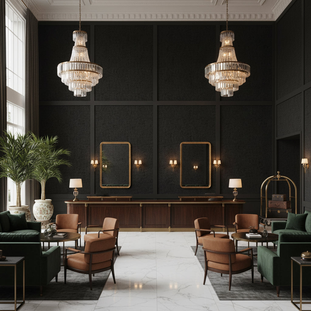 8017144.8.0 | Kravet - Hotel Lobby Visualization (AI-generated, may not be to scale. Verify pattern scale with product specifications.)