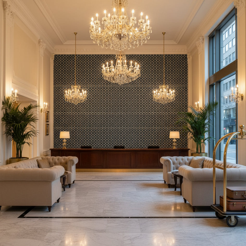 8018110.5.0 | Kravet - Hotel Lobby Visualization (AI-generated, may not be to scale. Verify pattern scale with product specifications.)