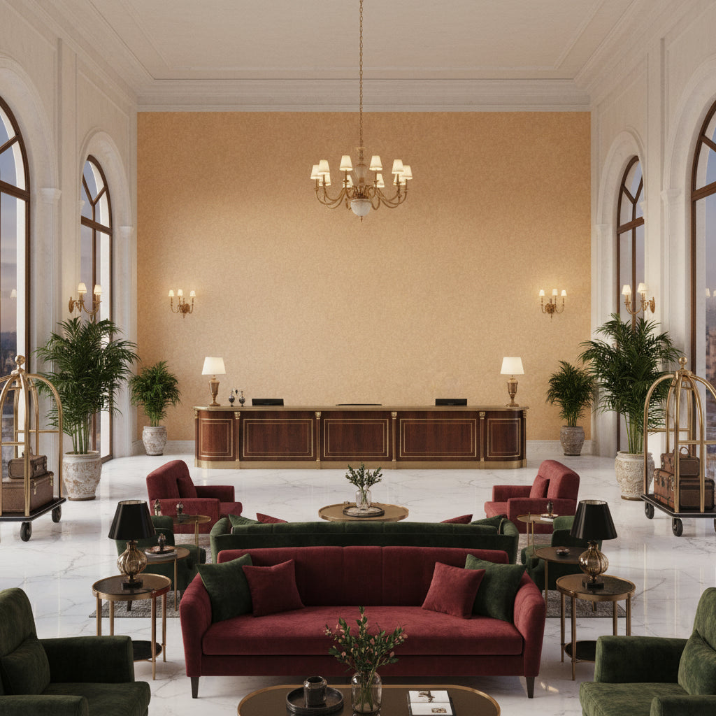 8019120.16.0 | Kravet - Hotel Lobby Visualization (AI-generated, may not be to scale. Verify pattern scale with product specifications.)