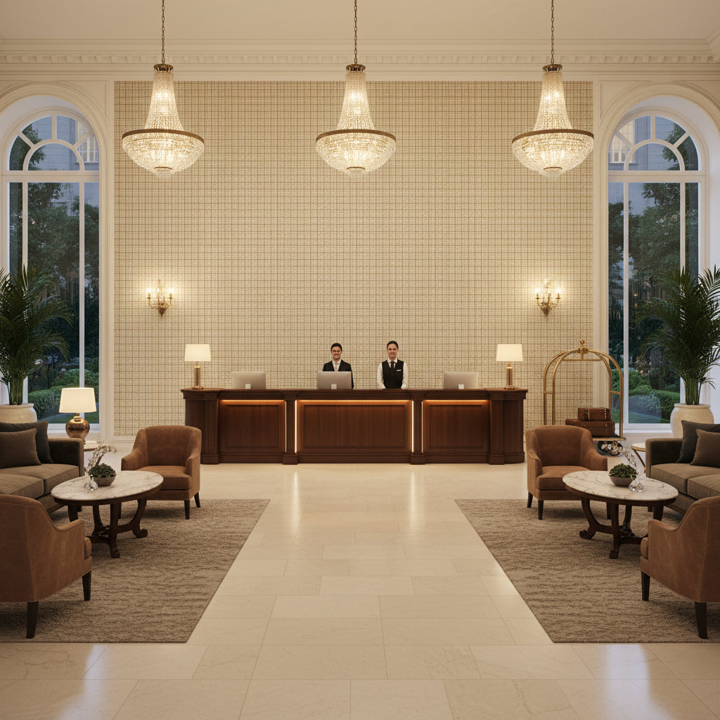 8019121.111.0 | Kravet - Hotel Lobby Visualization (AI-generated, may not be to scale. Verify pattern scale with product specifications.)