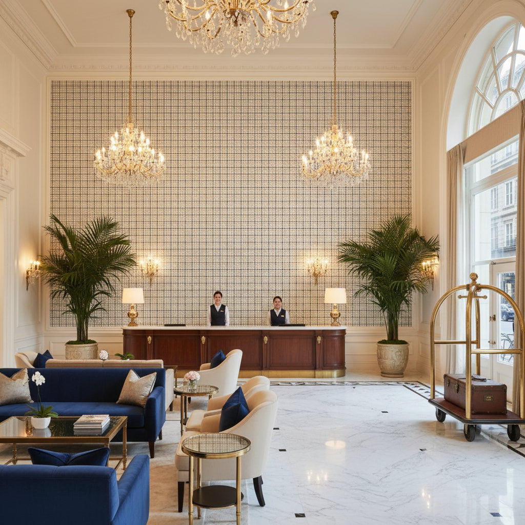 8019121.516.0 | Kravet - Hotel Lobby Visualization (AI-generated, may not be to scale. Verify pattern scale with product specifications.)