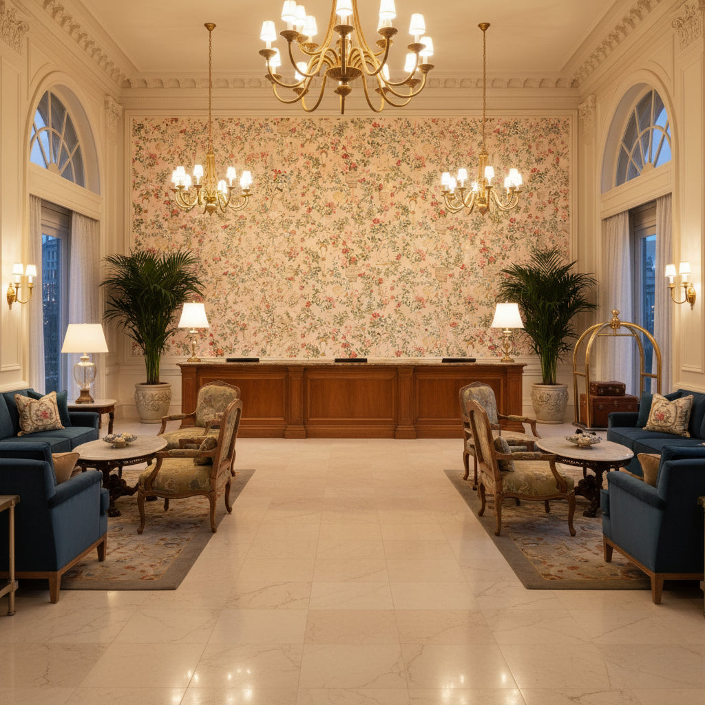 8019137.177.0 | Kravet - Hotel Lobby Visualization (AI-generated, may not be to scale. Verify pattern scale with product specifications.)