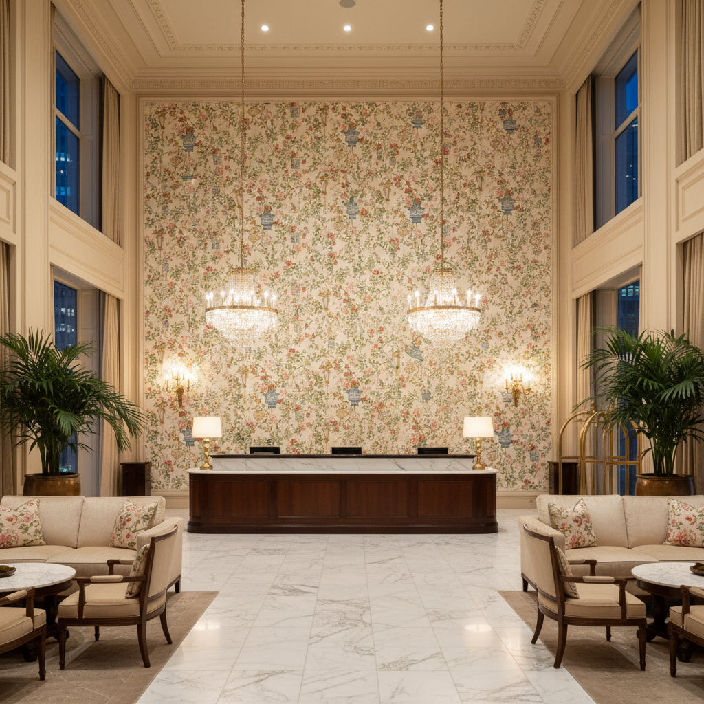 8019137.192.0 | Kravet - Hotel Lobby Visualization (AI-generated, may not be to scale. Verify pattern scale with product specifications.)