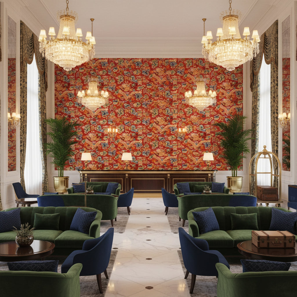 8019140.195.0 | Kravet - Hotel Lobby Visualization (AI-generated, may not be to scale. Verify pattern scale with product specifications.)