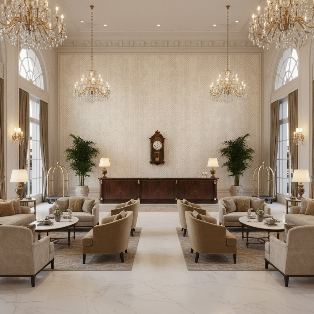 8019146.1.0 | Kravet - Hotel Lobby Visualization (AI-generated, may not be to scale. Verify pattern scale with product specifications.)