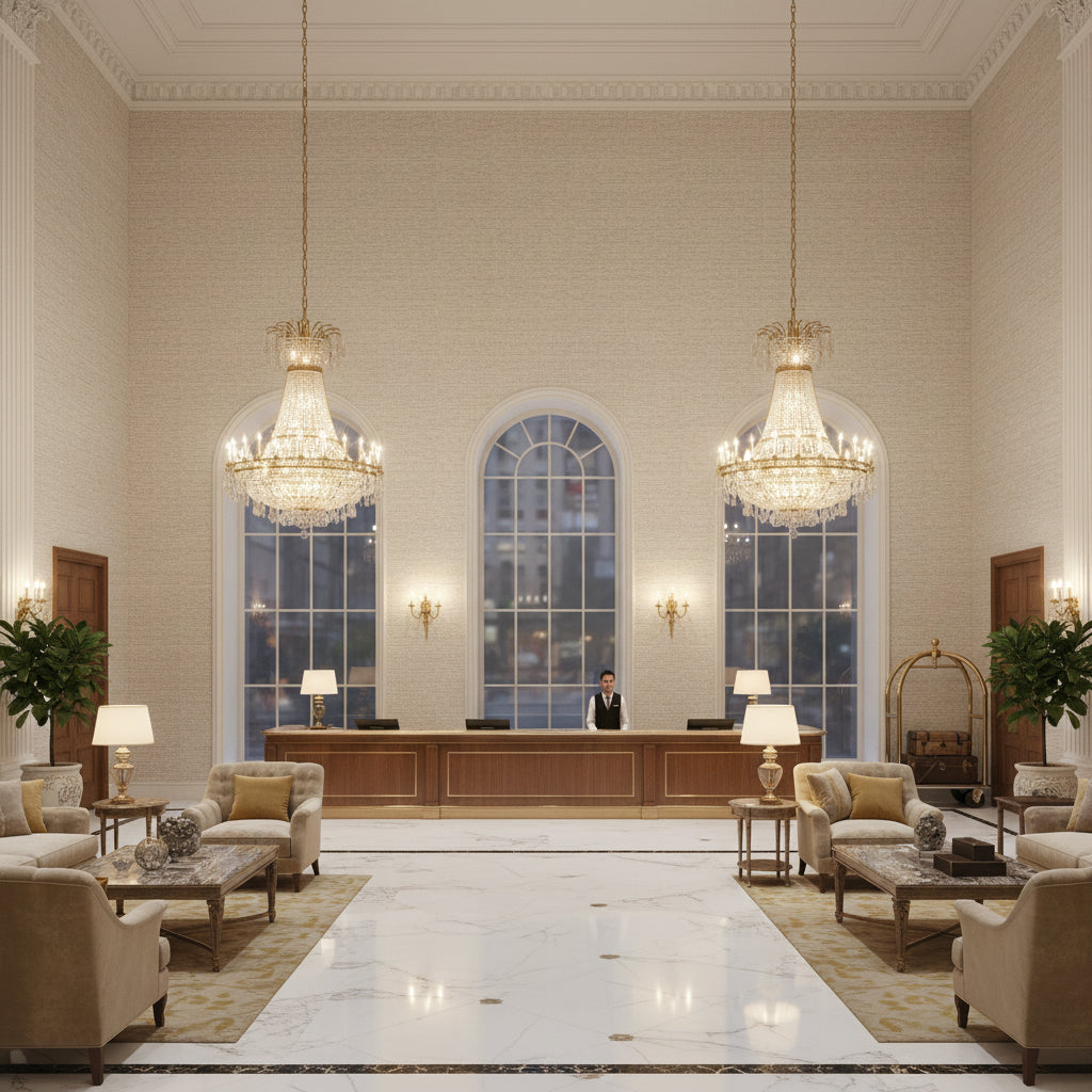 8019146.11.0 | Kravet - Hotel Lobby Visualization (AI-generated, may not be to scale. Verify pattern scale with product specifications.)