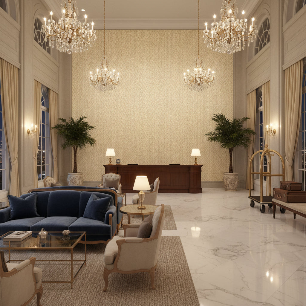 8019146.16.0 | Kravet - Hotel Lobby Visualization (AI-generated, may not be to scale. Verify pattern scale with product specifications.)