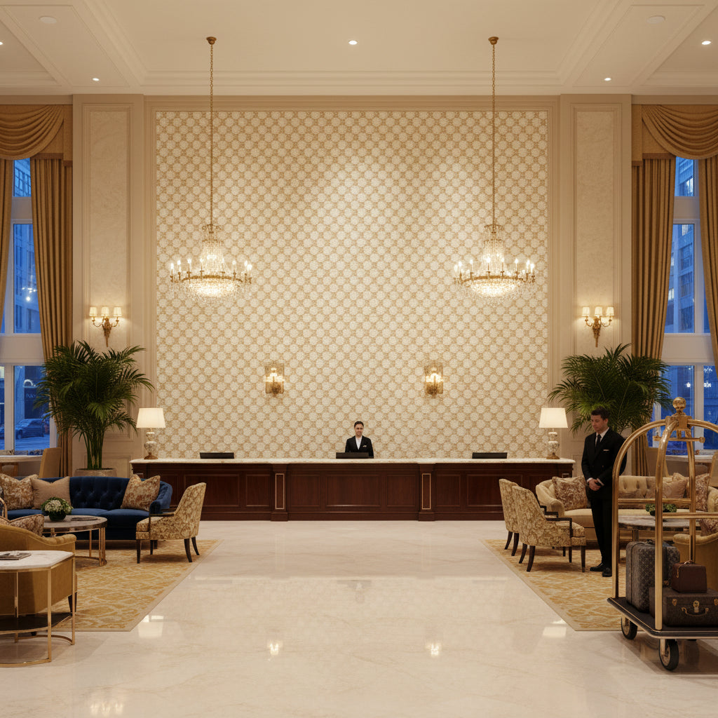 8019147.1.0 | Kravet - Hotel Lobby Visualization (AI-generated, may not be to scale. Verify pattern scale with product specifications.)