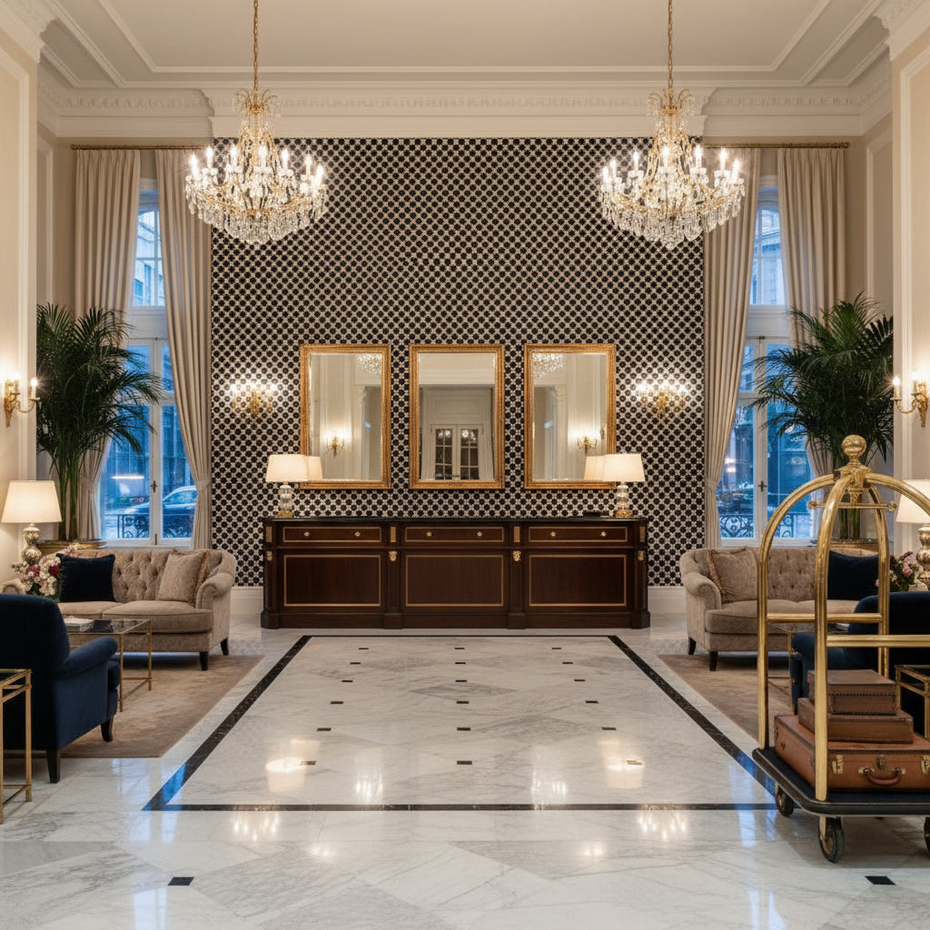 8019147.50.0 | Kravet - Hotel Lobby Visualization (AI-generated, may not be to scale. Verify pattern scale with product specifications.)