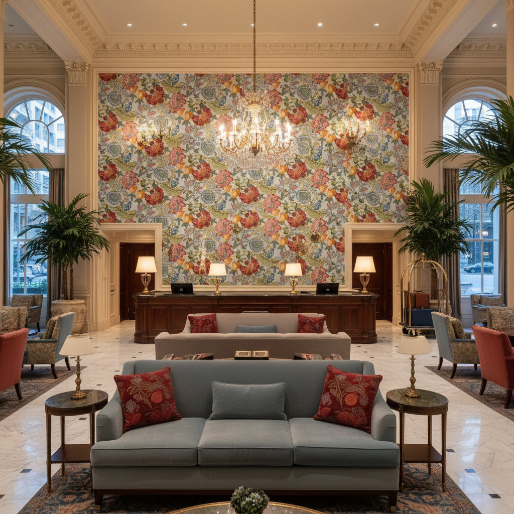 8020101.1337.0 | Kravet - Hotel Lobby Visualization (AI-generated, may not be to scale. Verify pattern scale with product specifications.)