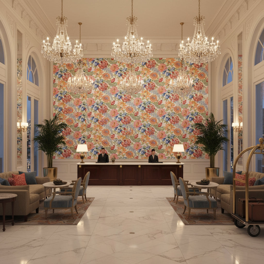 8020101.195.0 | Kravet - Hotel Lobby Visualization (AI-generated, may not be to scale. Verify pattern scale with product specifications.)