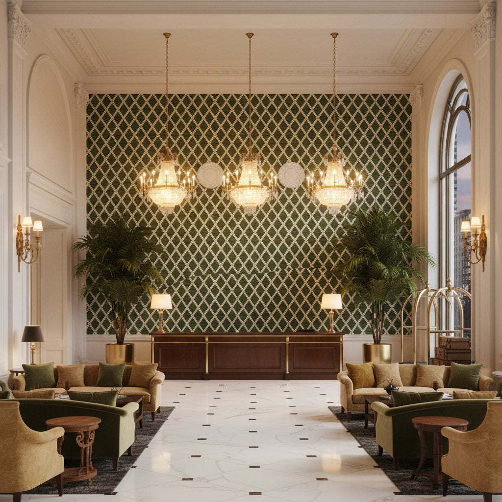 8020109.53.0 | Kravet - Hotel Lobby Visualization (AI-generated, may not be to scale. Verify pattern scale with product specifications.)