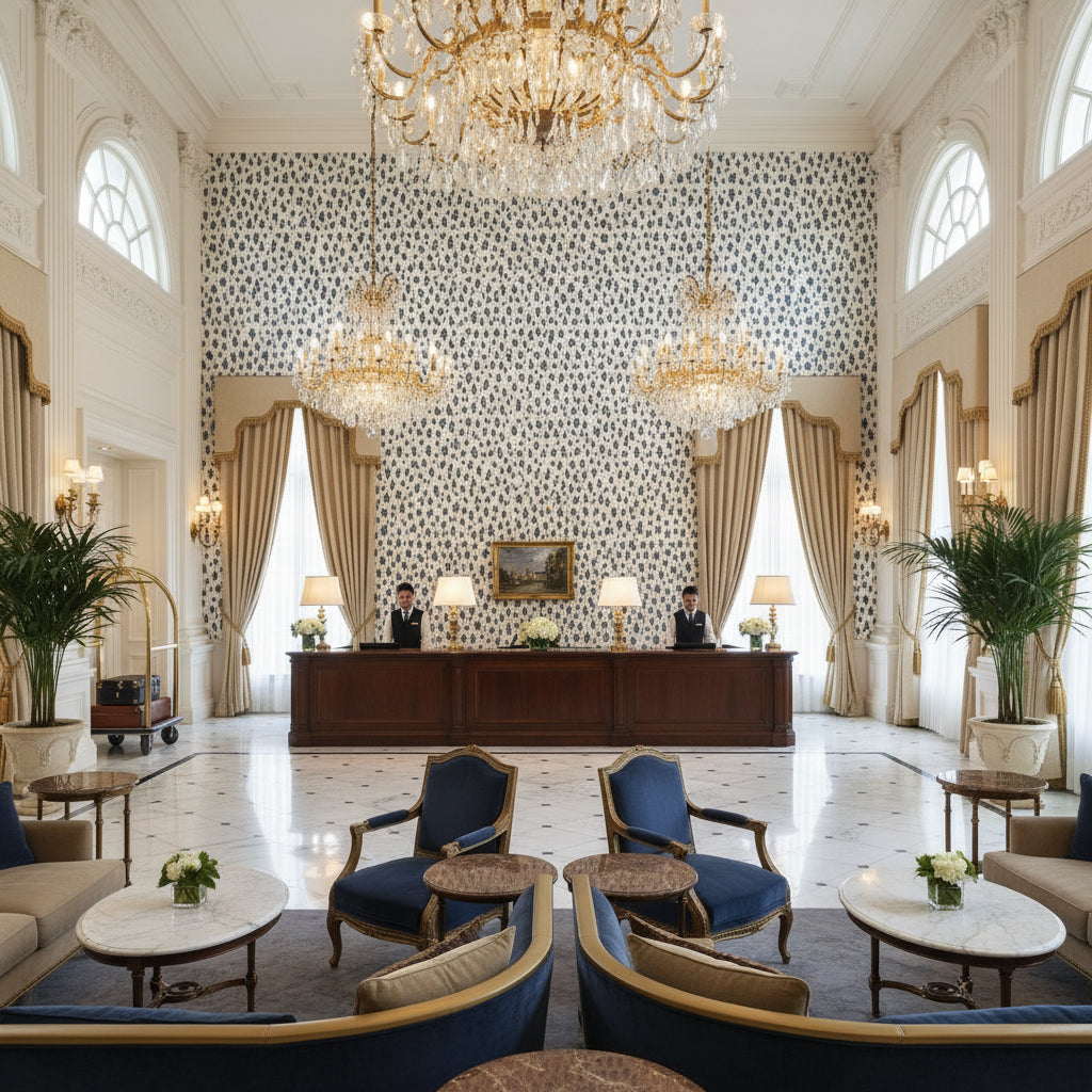 8020112.50.0 | Kravet - Hotel Lobby Visualization (AI-generated, may not be to scale. Verify pattern scale with product specifications.)