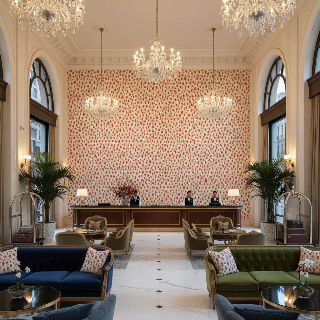 8020112.77.0 | Kravet - Hotel Lobby Visualization (AI-generated, may not be to scale. Verify pattern scale with product specifications.)