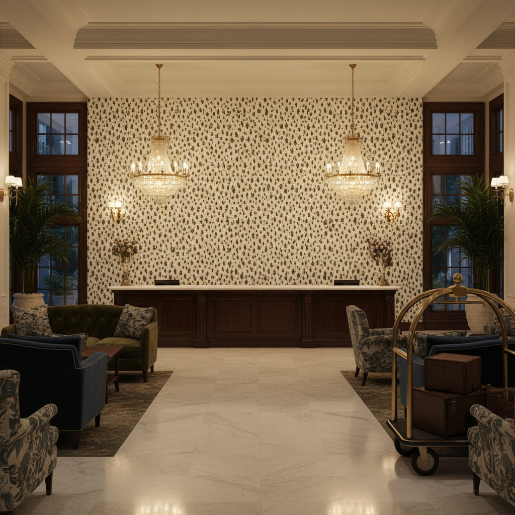 8020112.8.0 | Kravet - Hotel Lobby Visualization (AI-generated, may not be to scale. Verify pattern scale with product specifications.)