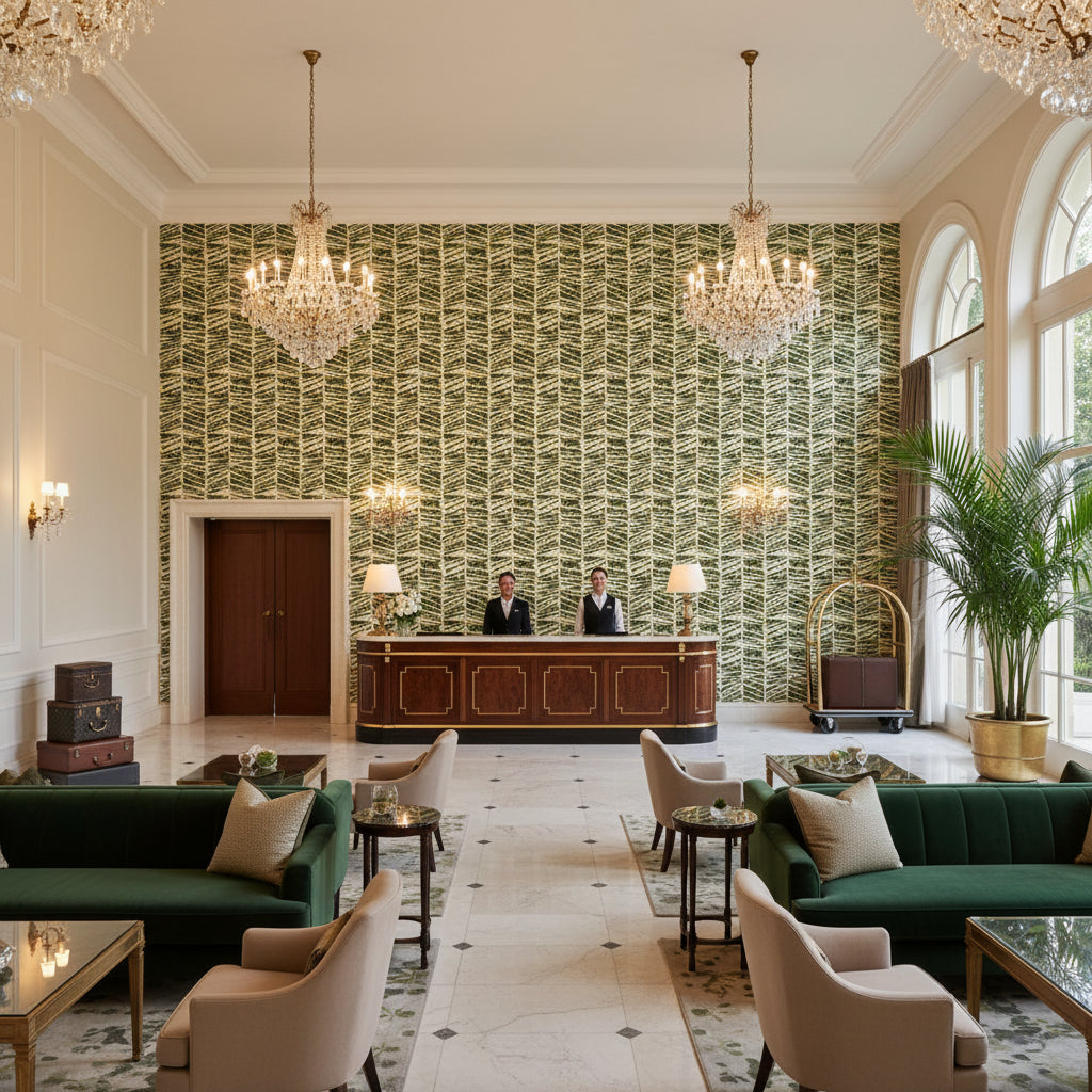 8020114.3.0 | Kravet - Hotel Lobby Visualization (AI-generated, may not be to scale. Verify pattern scale with product specifications.)