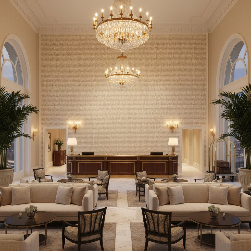 8020115.116.0 | Kravet - Hotel Lobby Visualization (AI-generated, may not be to scale. Verify pattern scale with product specifications.)