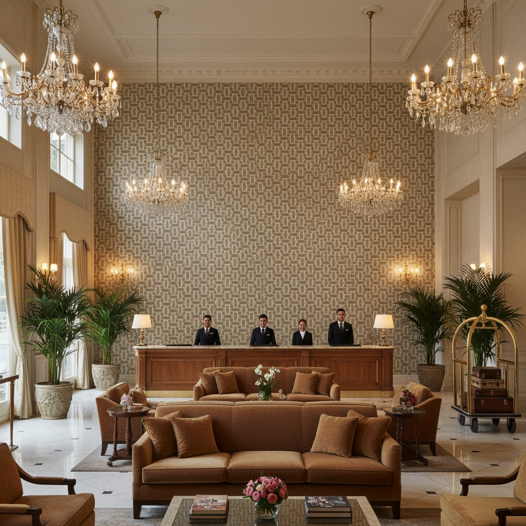 8020116.11.0 | Kravet - Hotel Lobby Visualization (AI-generated, may not be to scale. Verify pattern scale with product specifications.)