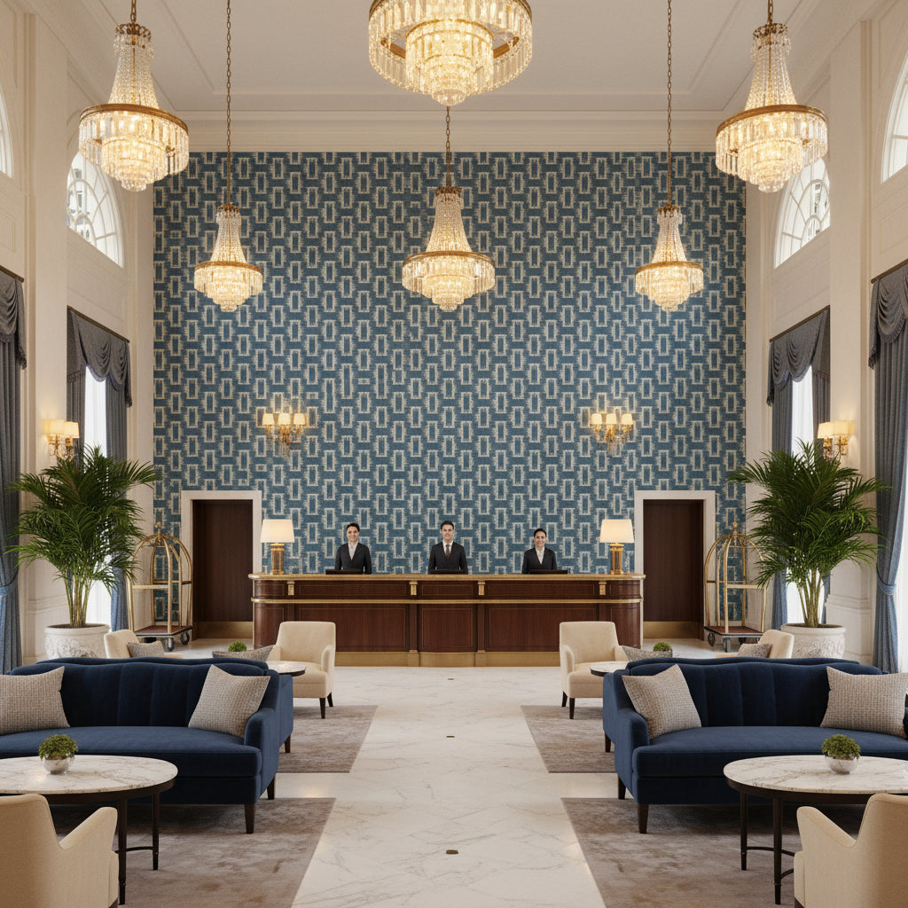 8020116.15.0 | Kravet - Hotel Lobby Visualization (AI-generated, may not be to scale. Verify pattern scale with product specifications.)