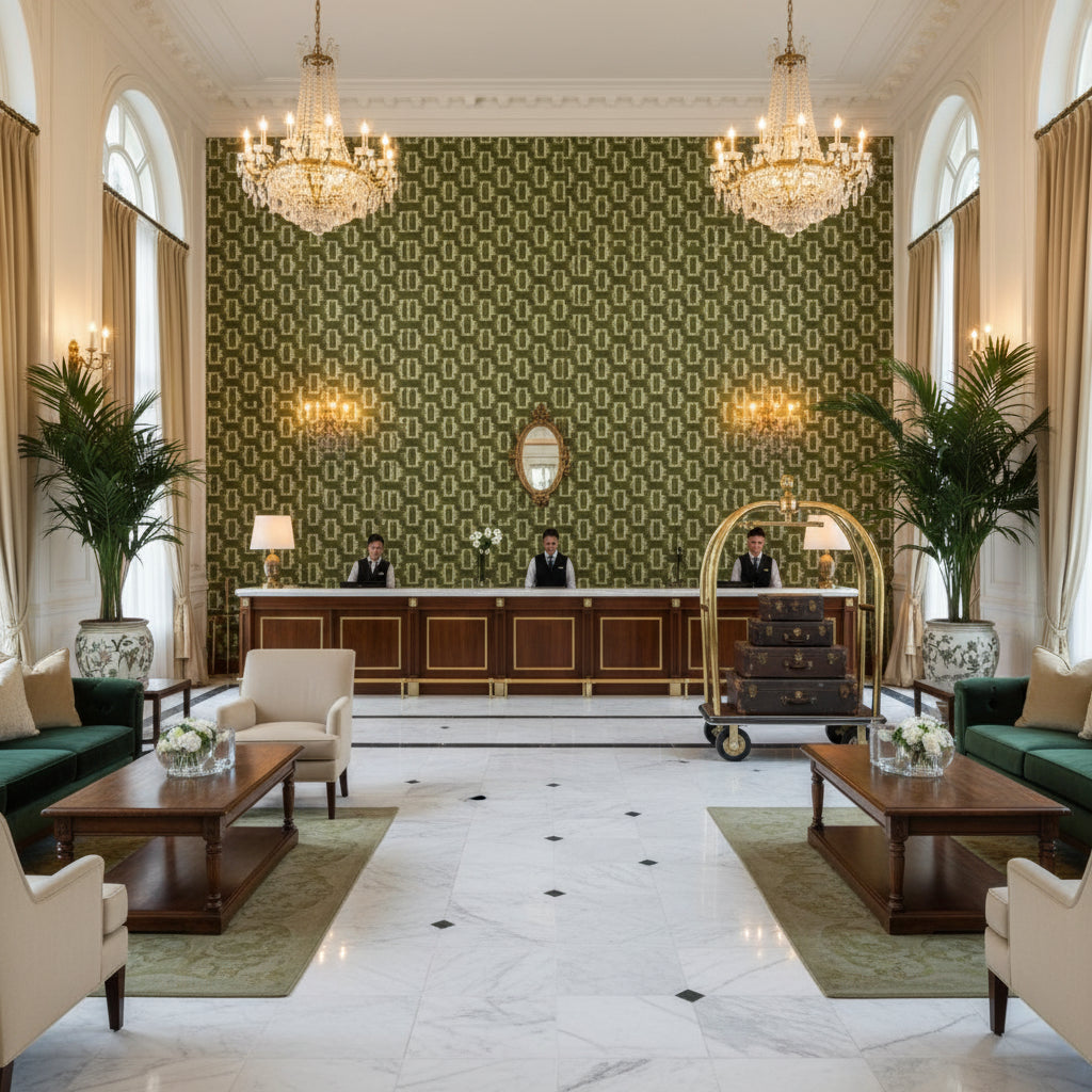 8020116.3.0 | Kravet - Hotel Lobby Visualization (AI-generated, may not be to scale. Verify pattern scale with product specifications.)