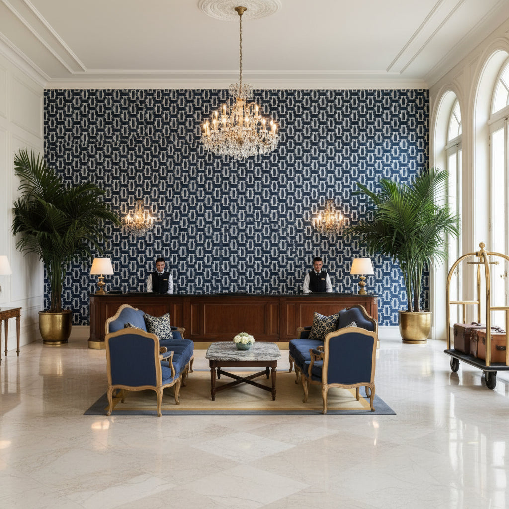 8020116.50.0 | Kravet - Hotel Lobby Visualization (AI-generated, may not be to scale. Verify pattern scale with product specifications.)