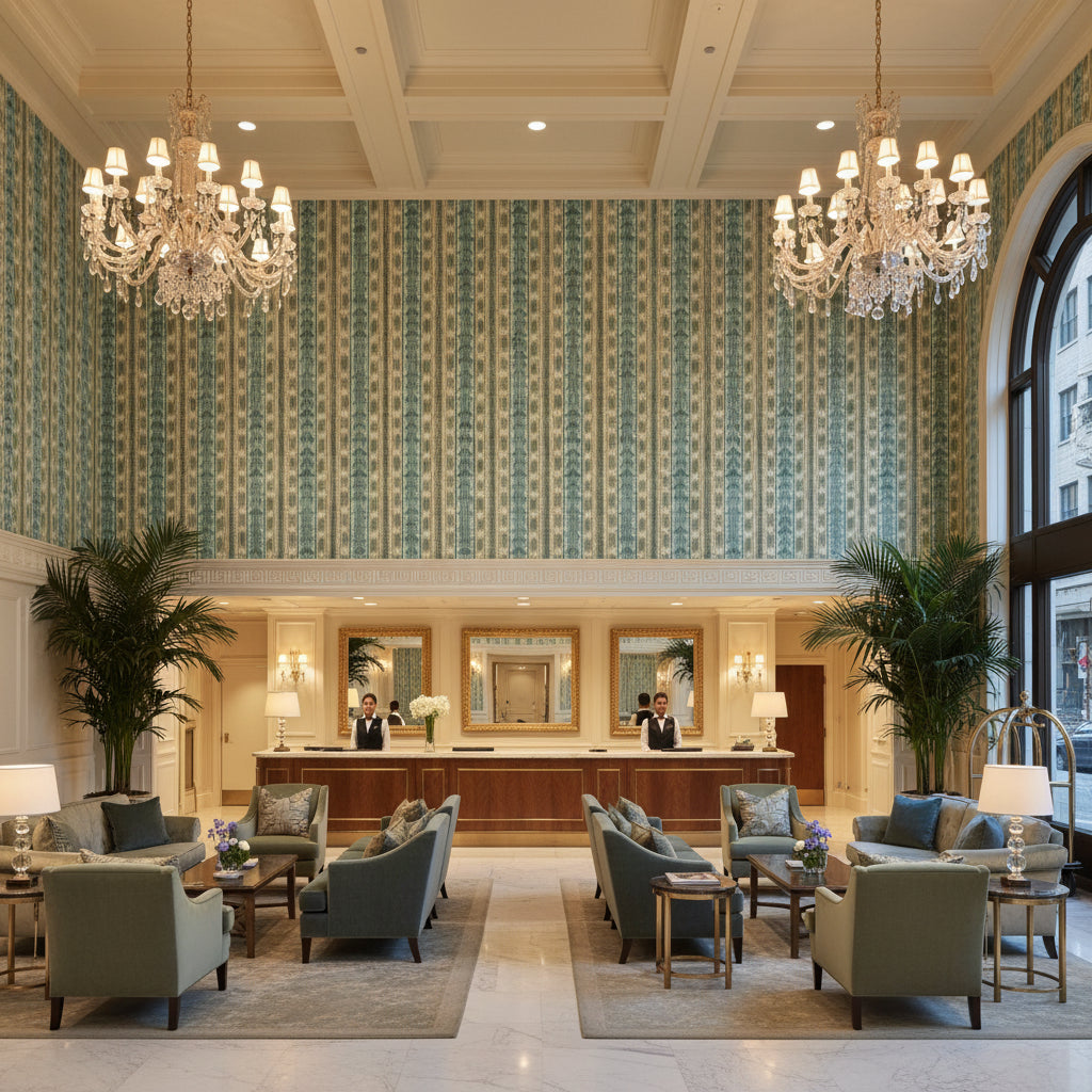 8020117.133.0 | Kravet - Hotel Lobby Visualization (AI-generated, may not be to scale. Verify pattern scale with product specifications.)