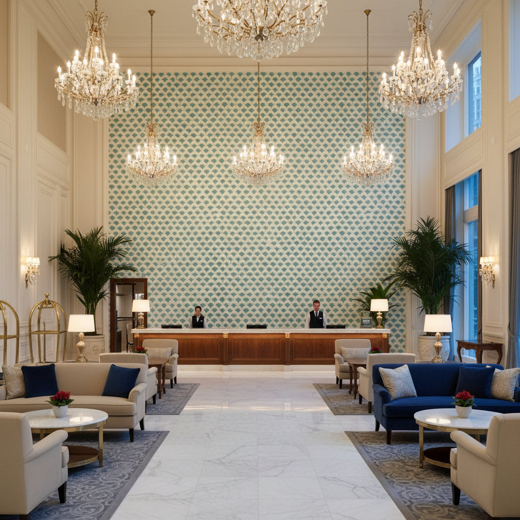 8020126.113.0 | Kravet - Hotel Lobby Visualization (AI-generated, may not be to scale. Verify pattern scale with product specifications.)