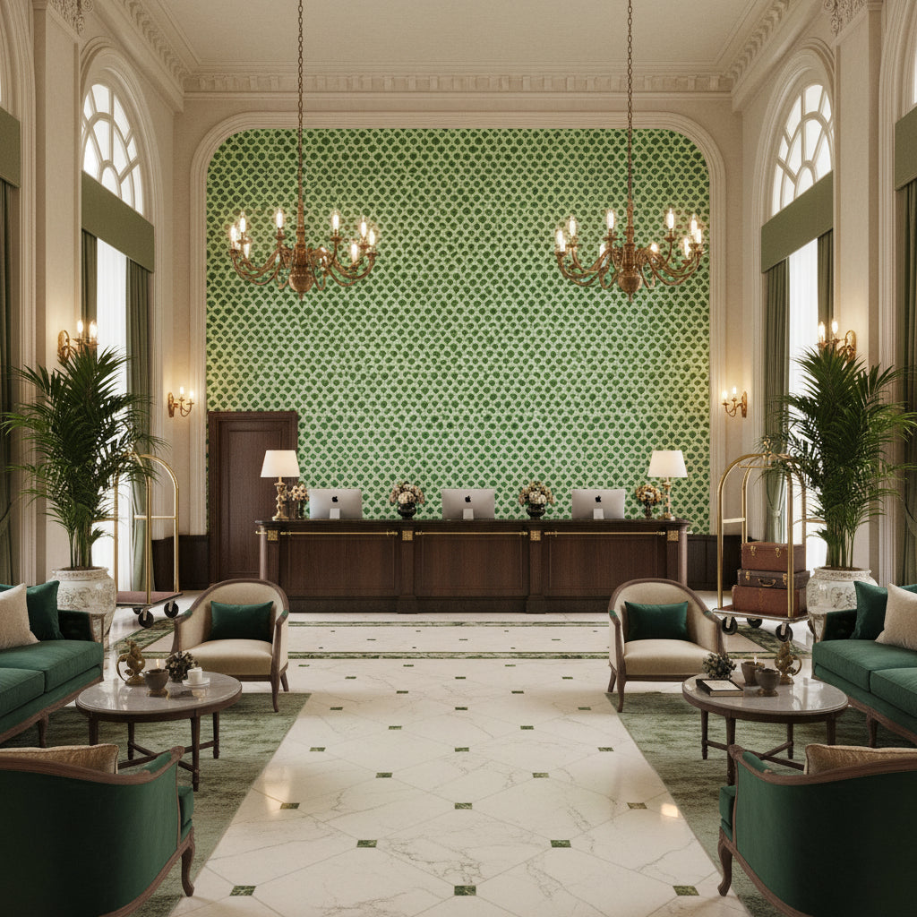 8020126.3.0 | Kravet - Hotel Lobby Visualization (AI-generated, may not be to scale. Verify pattern scale with product specifications.)