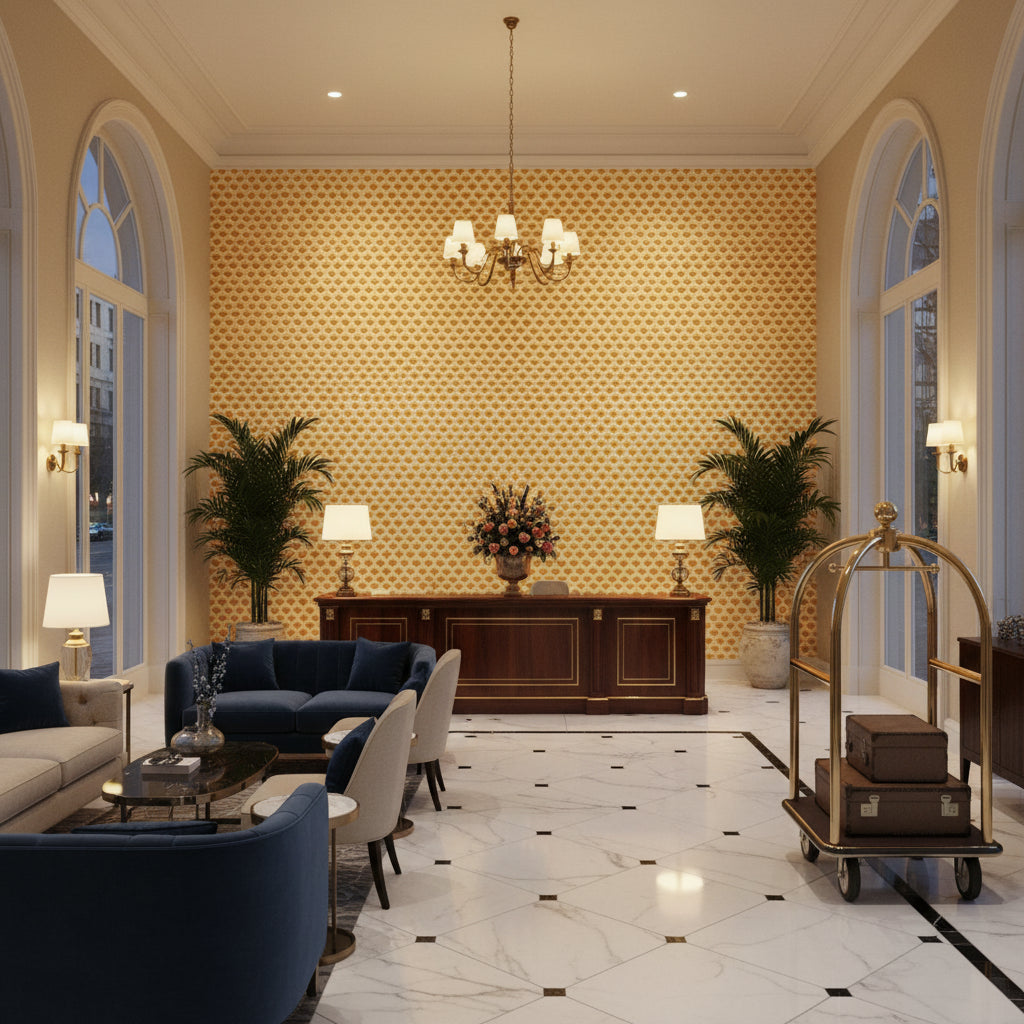 8020126.40.0 | Kravet - Hotel Lobby Visualization (AI-generated, may not be to scale. Verify pattern scale with product specifications.)