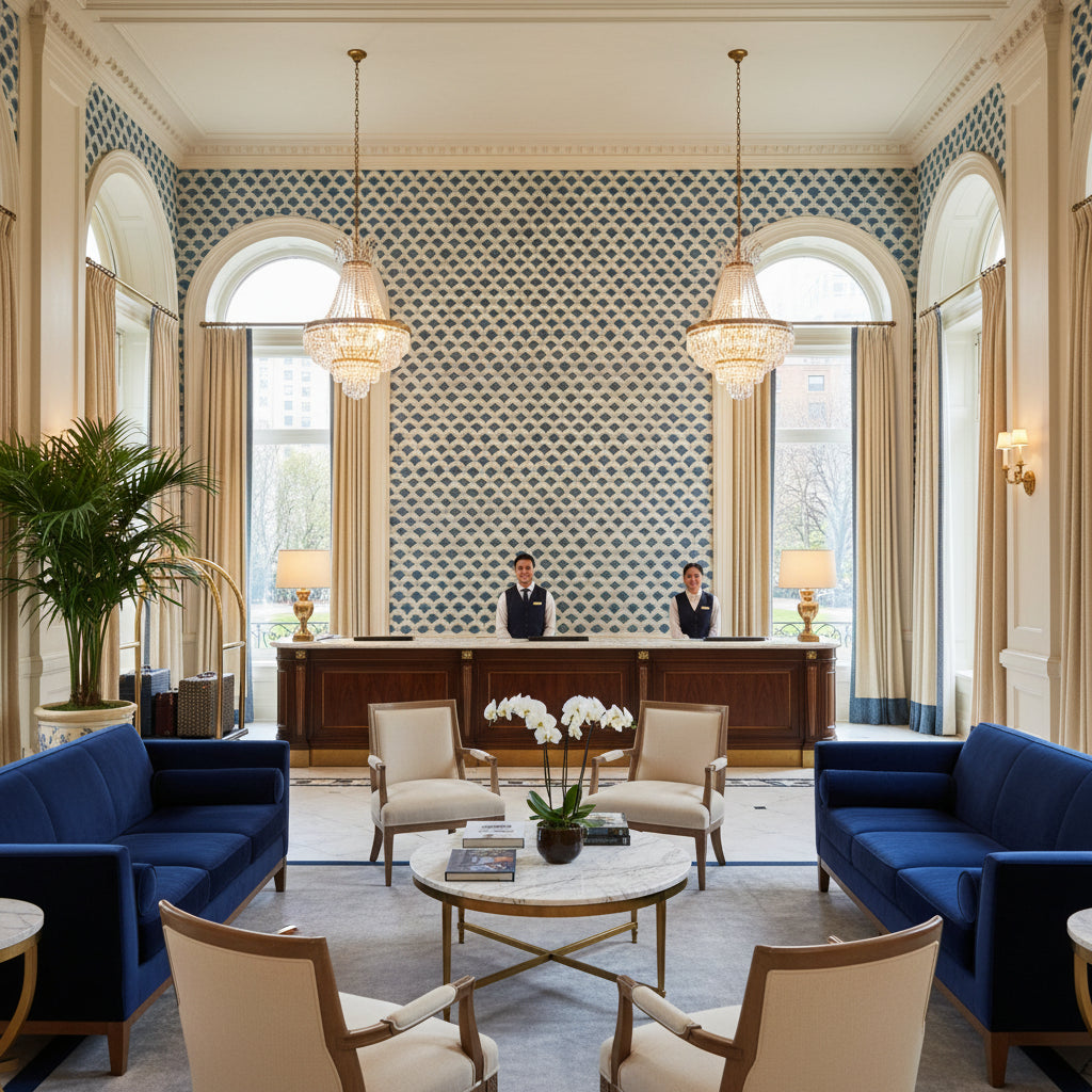 8020126.5.0 | Kravet - Hotel Lobby Visualization (AI-generated, may not be to scale. Verify pattern scale with product specifications.)