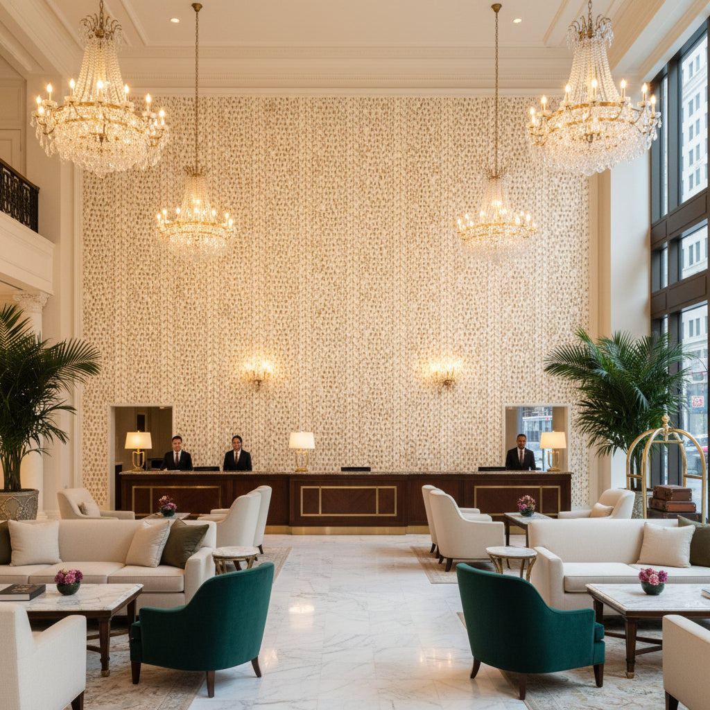 8020131.116.0 | Kravet - Hotel Lobby Visualization (AI-generated, may not be to scale. Verify pattern scale with product specifications.)