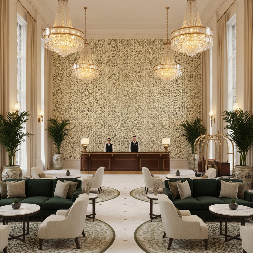 8020131.3.0 | Kravet - Hotel Lobby Visualization (AI-generated, may not be to scale. Verify pattern scale with product specifications.)