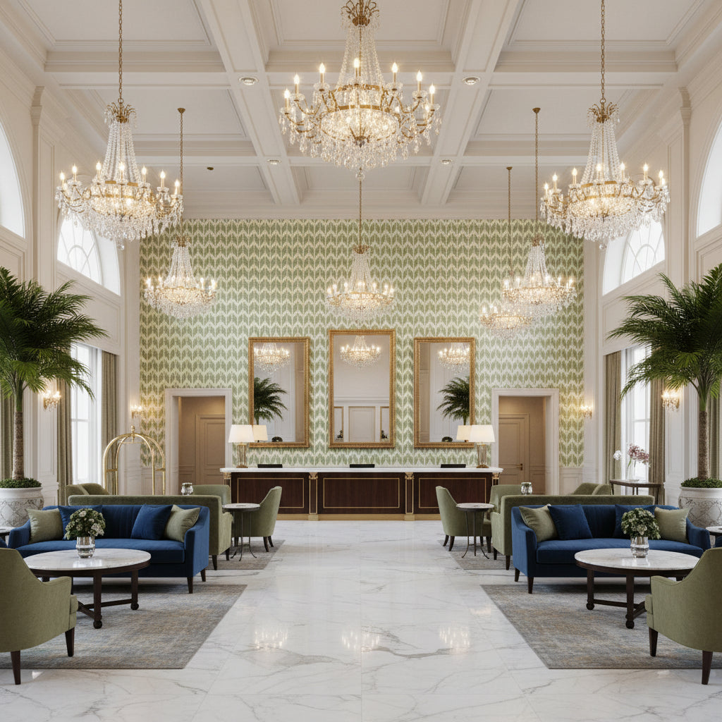 8022111.3.0 | Kravet - Hotel Lobby Visualization (AI-generated, may not be to scale. Verify pattern scale with product specifications.)