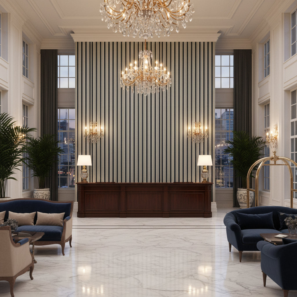 8022118.8.0 | Kravet - Hotel Lobby Visualization (AI-generated, may not be to scale. Verify pattern scale with product specifications.)