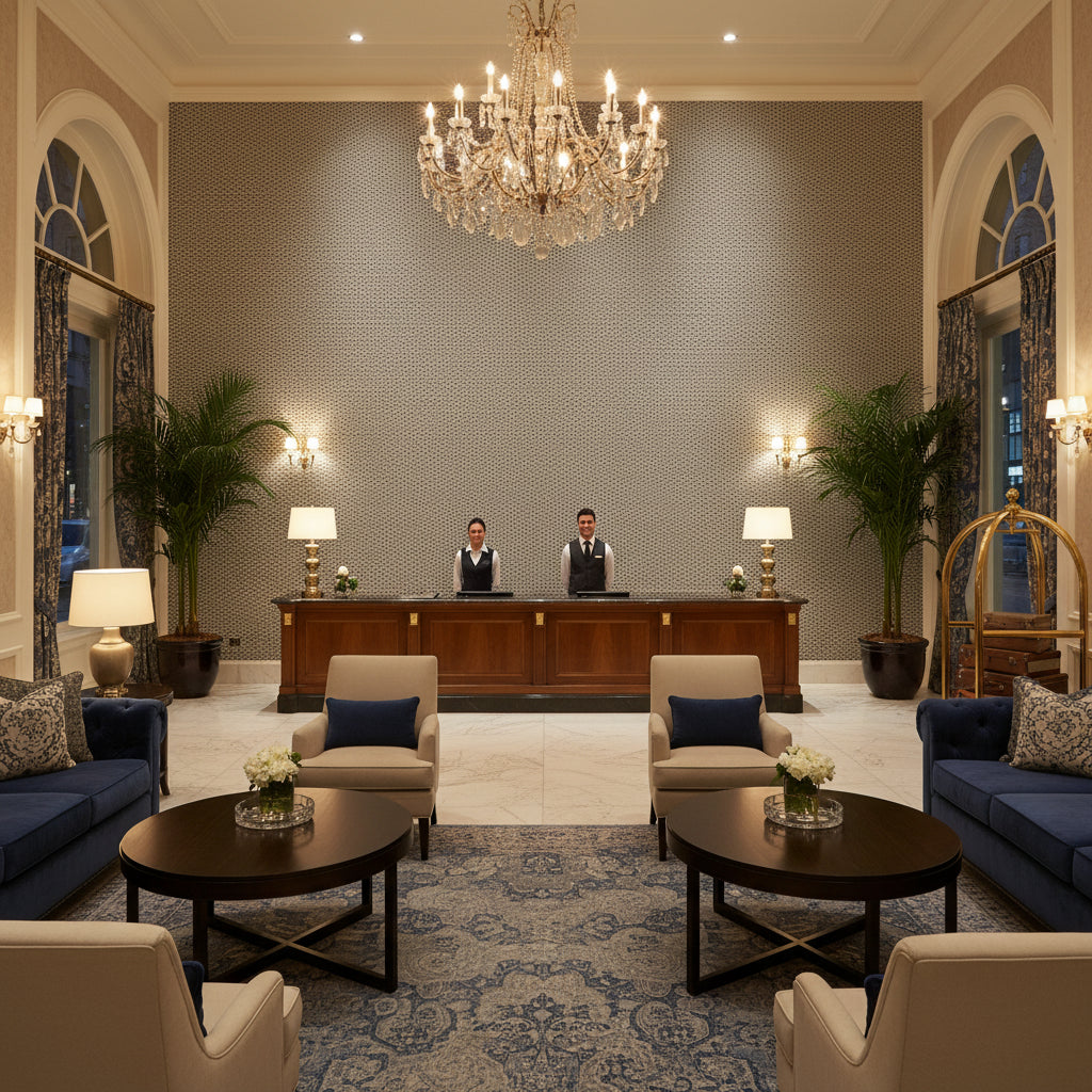 8022122.55.0 | Kravet - Hotel Lobby Visualization (AI-generated, may not be to scale. Verify pattern scale with product specifications.)
