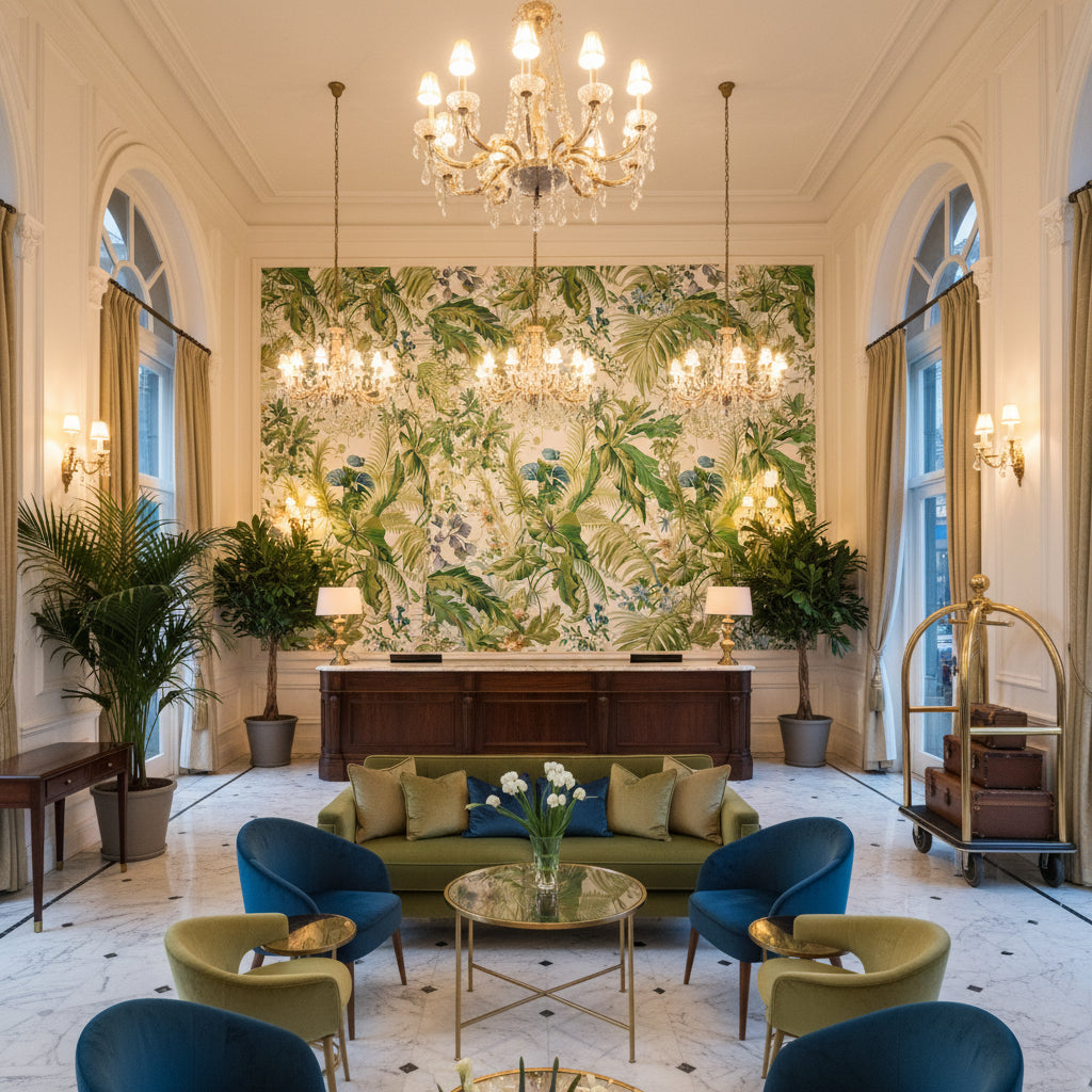 8022136.153.0 | Kravet - Hotel Lobby Visualization (AI-generated, may not be to scale. Verify pattern scale with product specifications.)