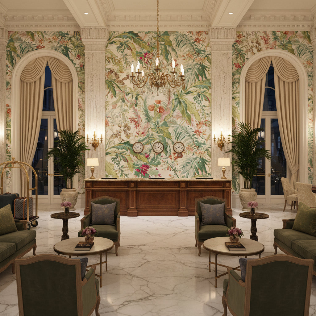 8022136.517.0 | Kravet - Hotel Lobby Visualization (AI-generated, may not be to scale. Verify pattern scale with product specifications.)