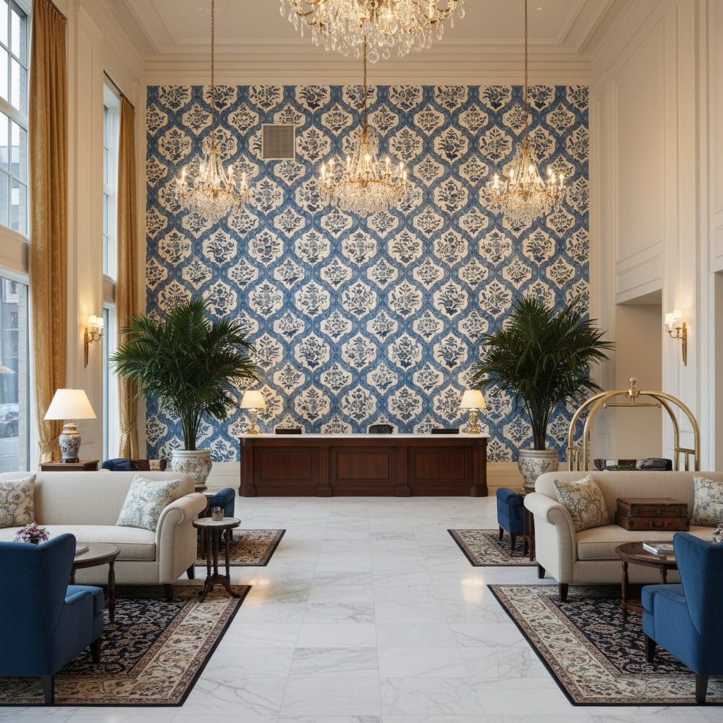 8023102.155.0 | Kravet - Hotel Lobby Visualization (AI-generated, may not be to scale. Verify pattern scale with product specifications.)