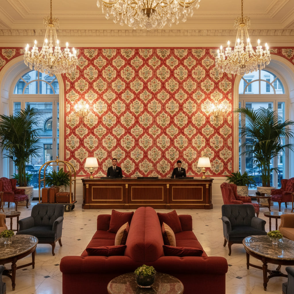 8023102.195.0 | Kravet - Hotel Lobby Visualization (AI-generated, may not be to scale. Verify pattern scale with product specifications.)