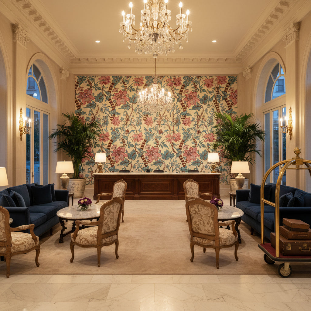 8023105.1635.0 | Kravet - Hotel Lobby Visualization (AI-generated, may not be to scale. Verify pattern scale with product specifications.)