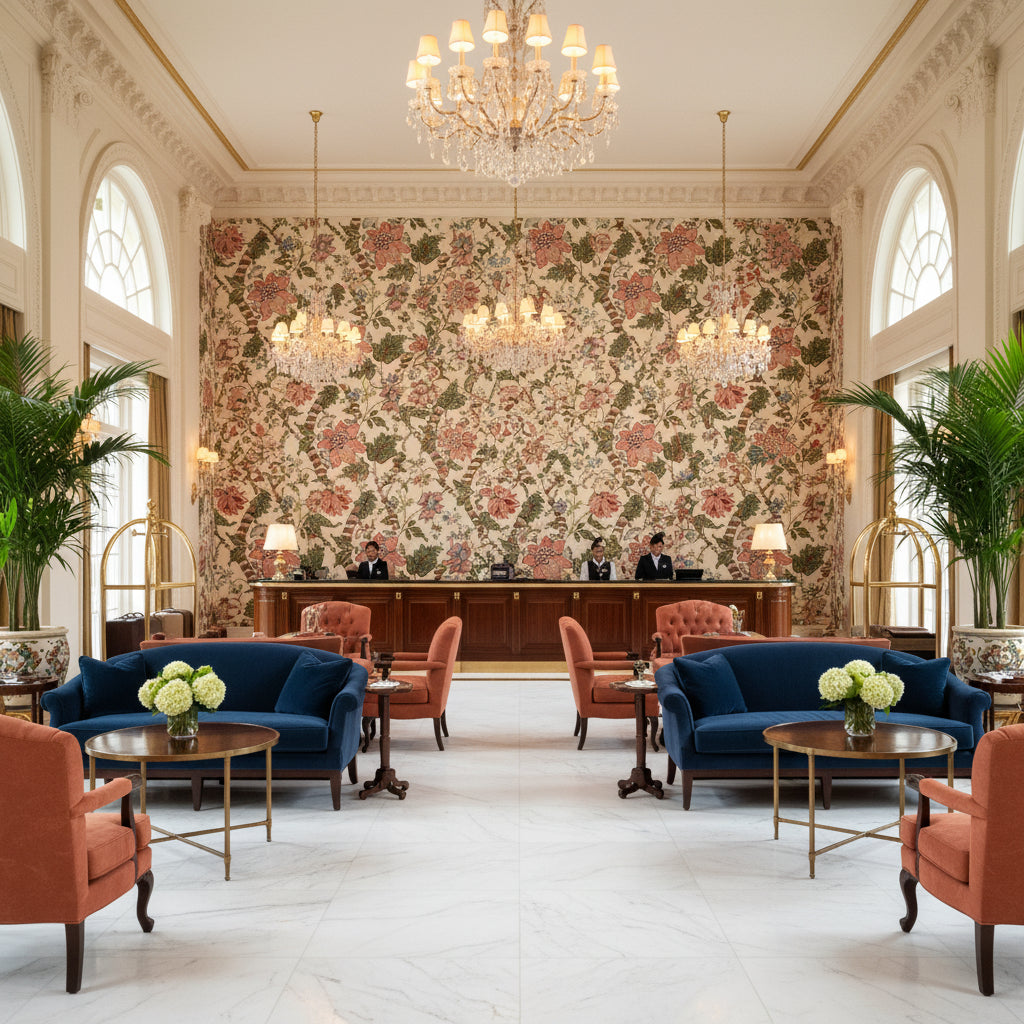 8023105.312.0 | Kravet - Hotel Lobby Visualization (AI-generated, may not be to scale. Verify pattern scale with product specifications.)