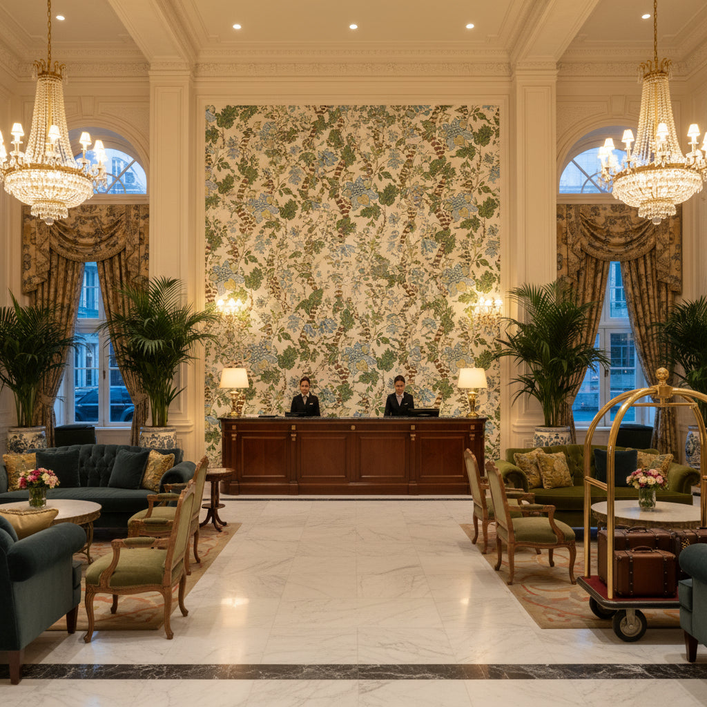 8023105.353.0 | Kravet - Hotel Lobby Visualization (AI-generated, may not be to scale. Verify pattern scale with product specifications.)