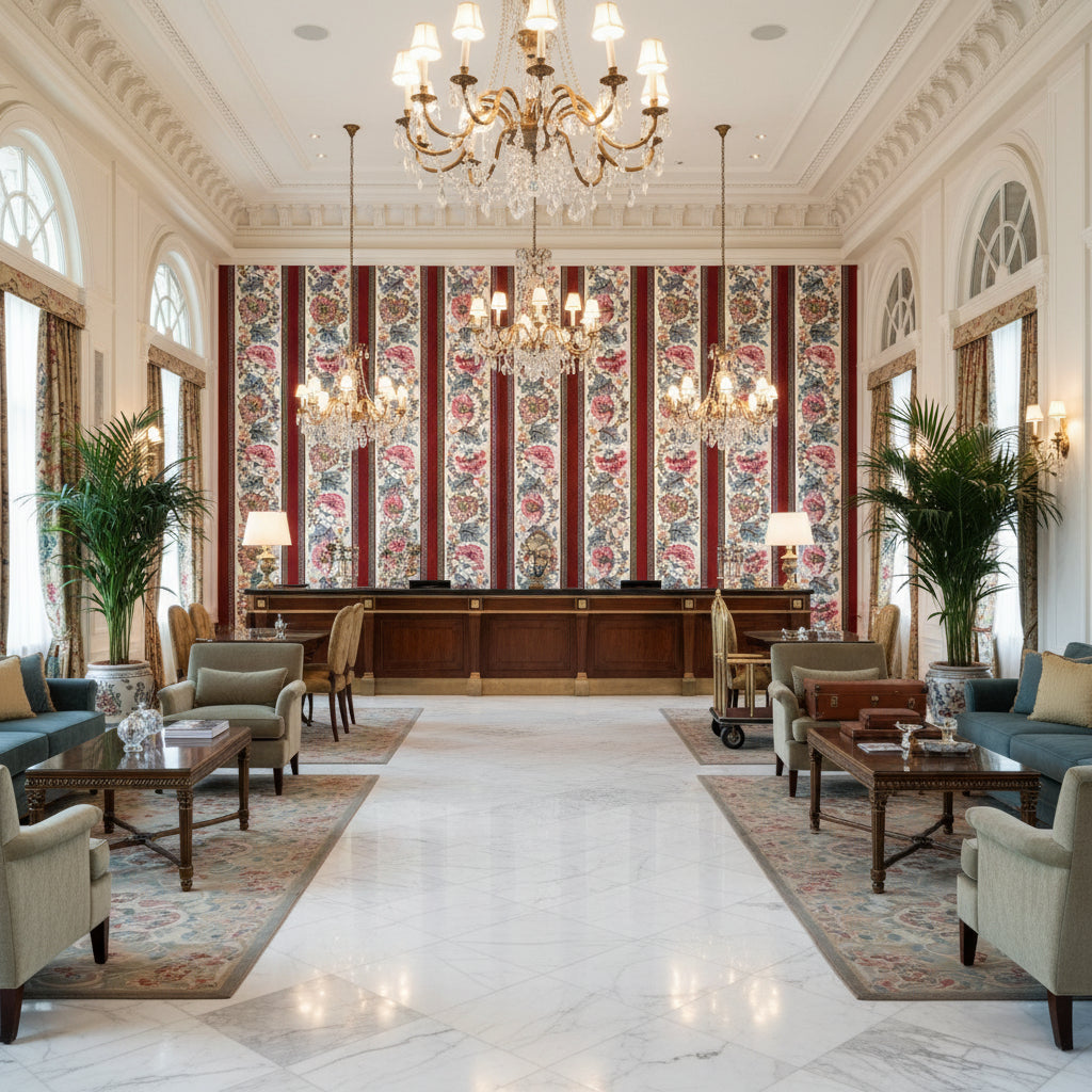 8023106.195.0 | Kravet - Hotel Lobby Visualization (AI-generated, may not be to scale. Verify pattern scale with product specifications.)
